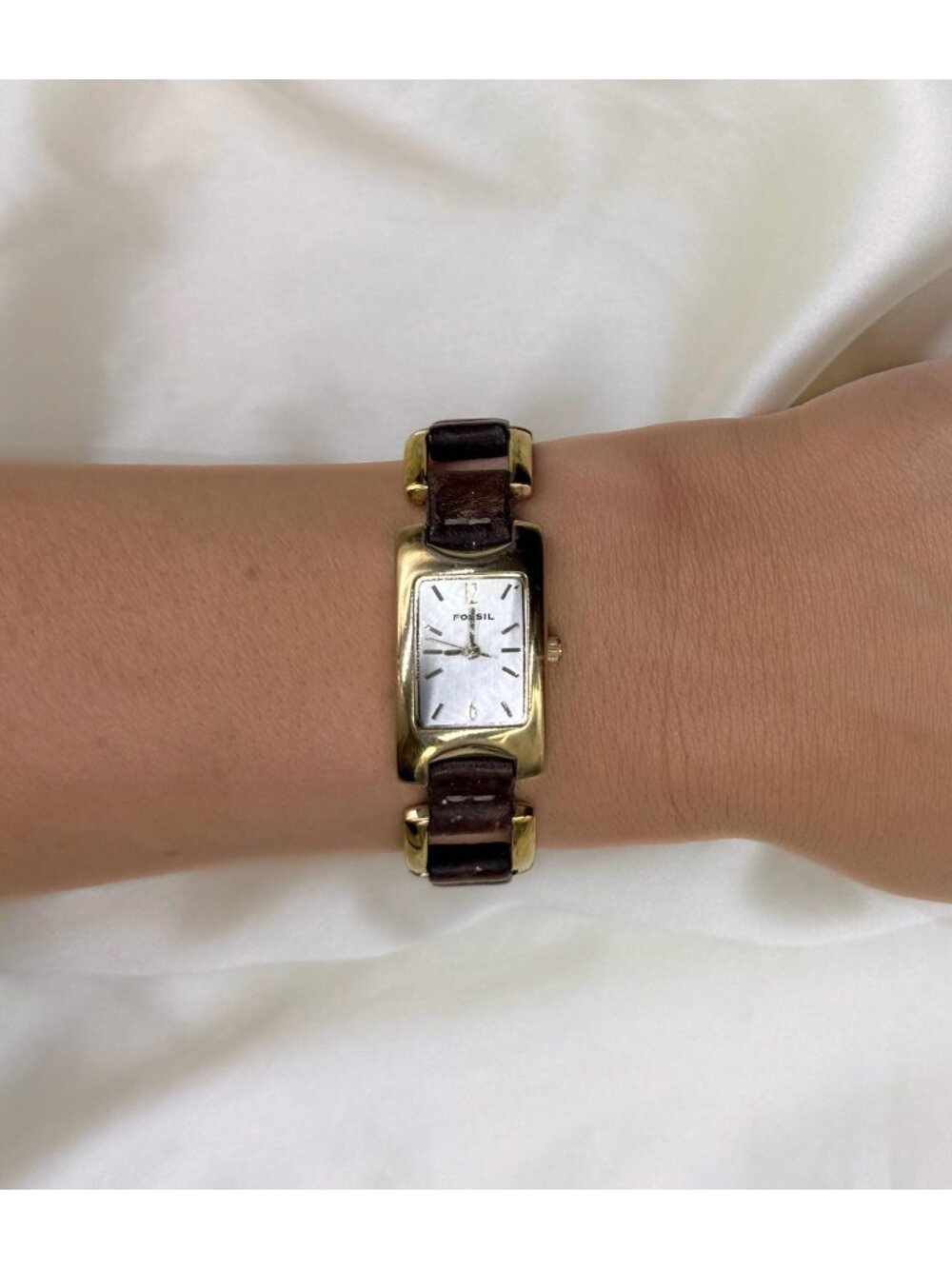 Vintage Fossil Leather Strap Watch, Rectangular Gold Tone Watch